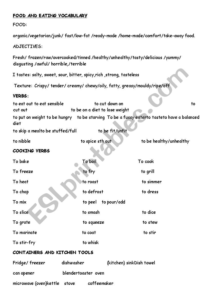 Food related vocabulary worksheet