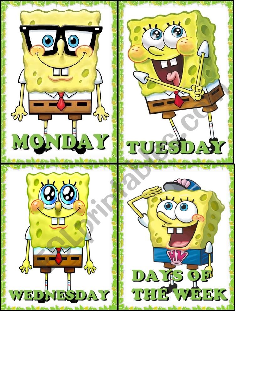 DAYS OF THE WEEK SPONGEBOB FLASHCARDS (1/2)