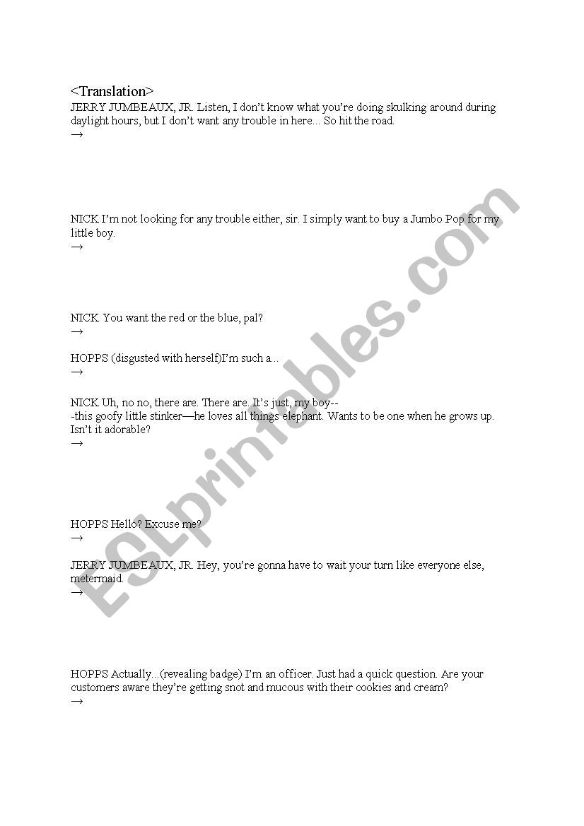 zootopia translation worksheet