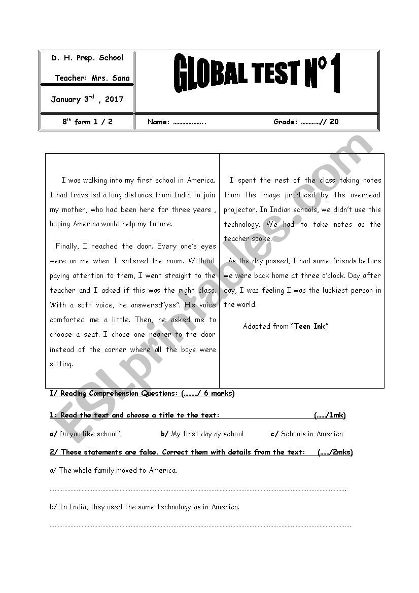 Global test nÂ°1 (8th form) worksheet