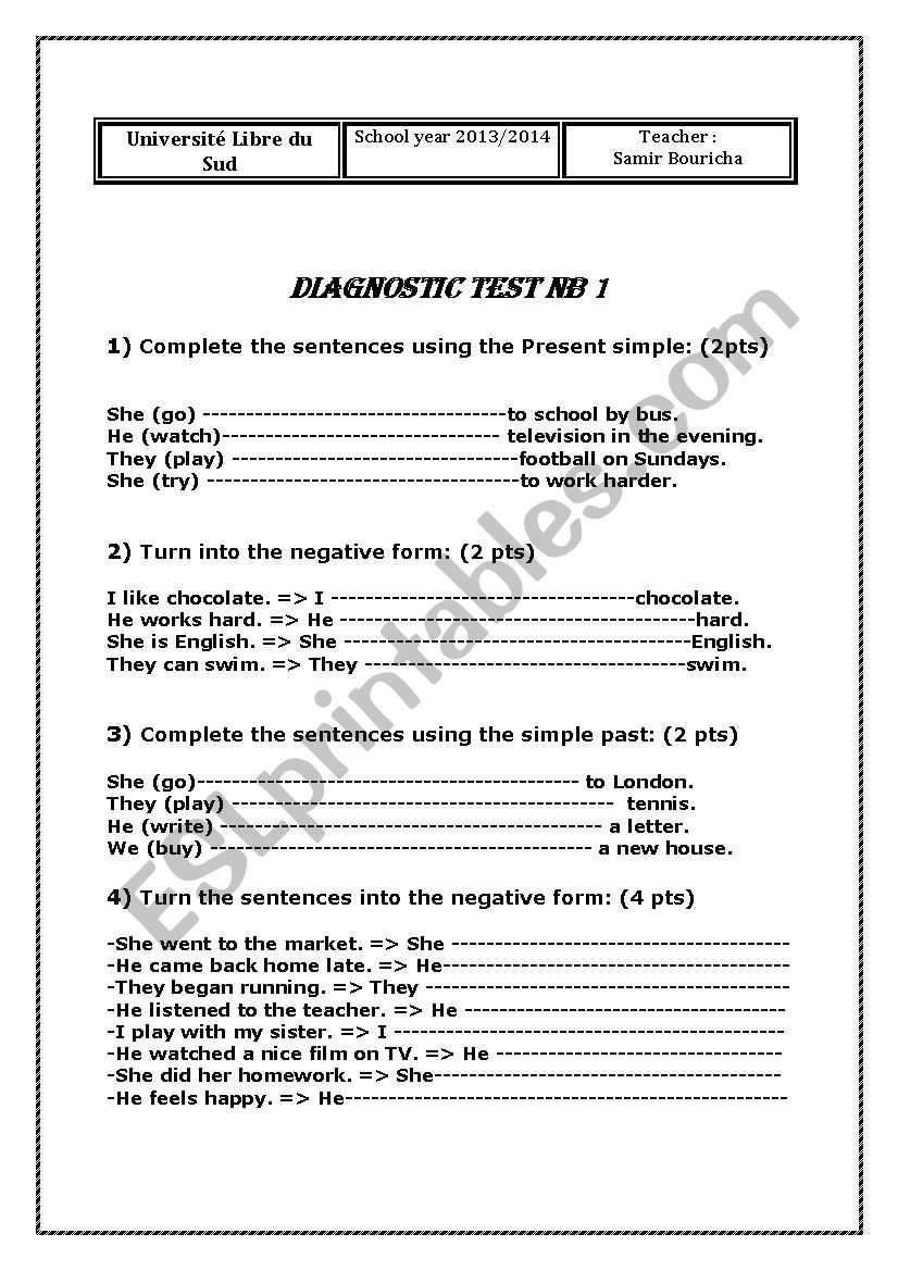 diaggnostic test worksheet
