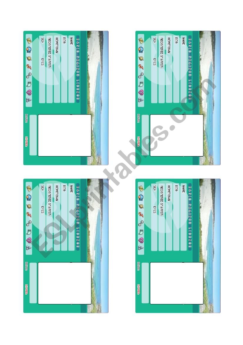 PokÃ©mon Trainer License worksheet