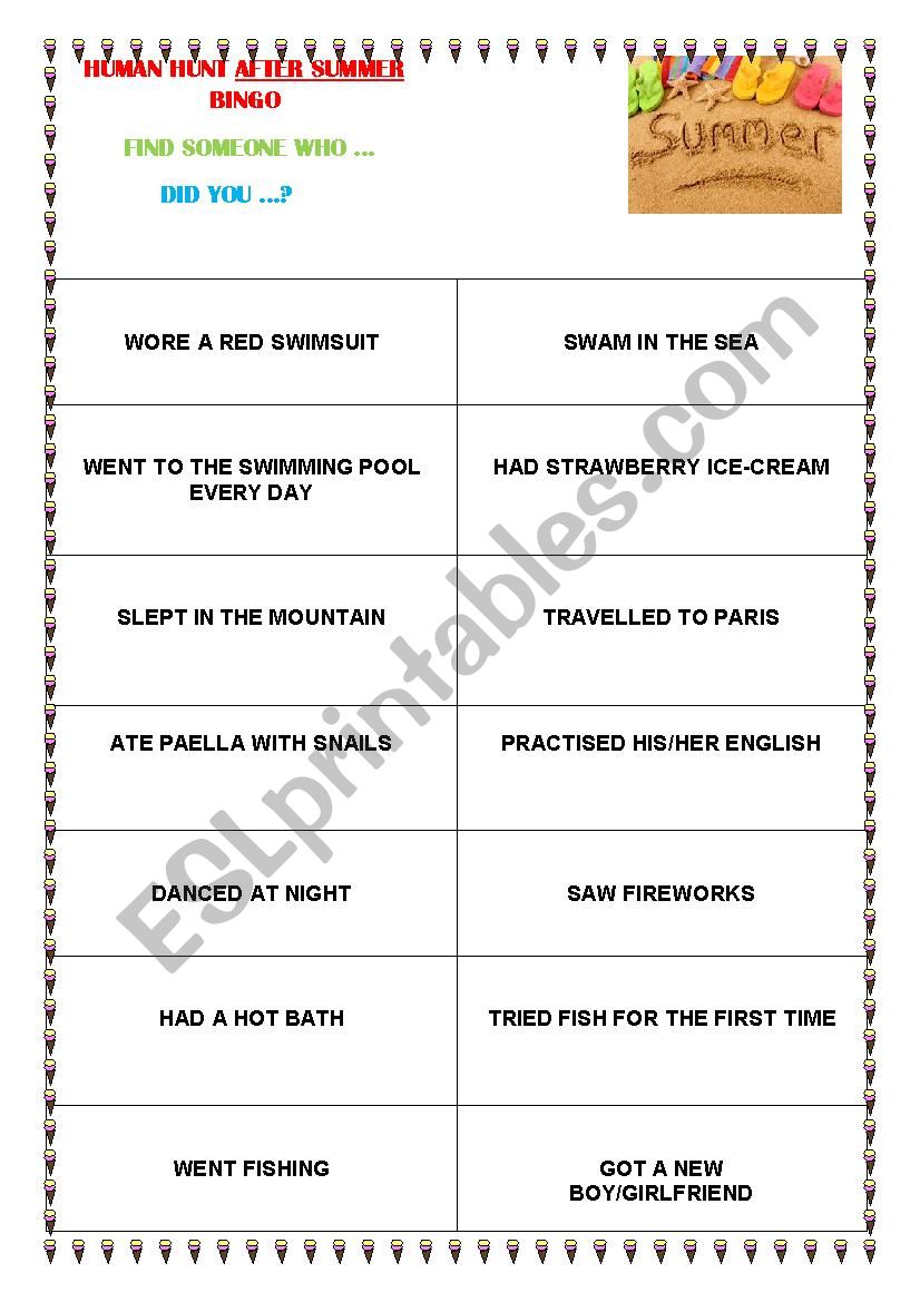 HUMAN HUNT AFTER SUMMER BINGO worksheet