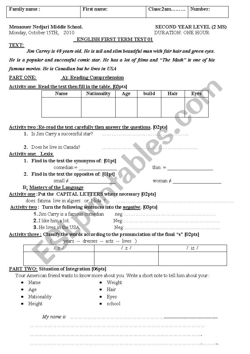 test about describing physical appearance