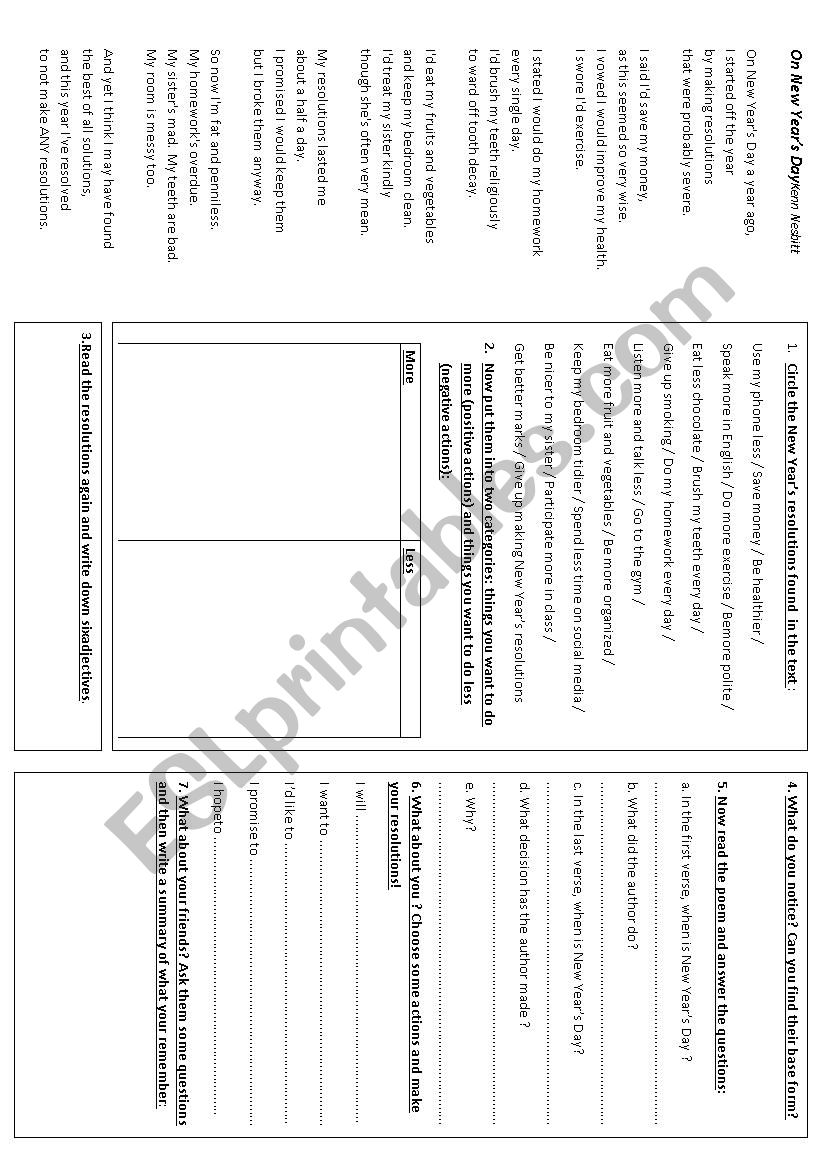 New Years resolutions worksheet