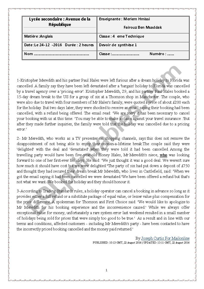 Full Term English Test 4th form technique