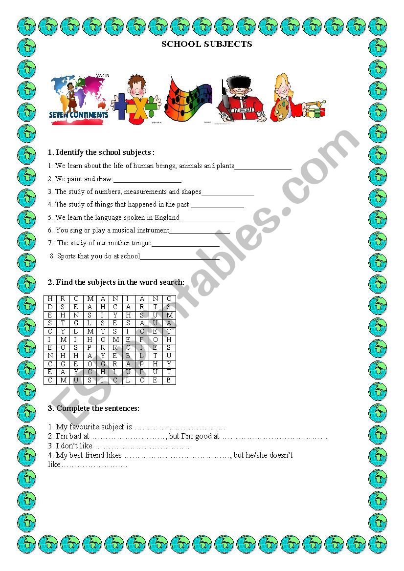 School subjects worksheet