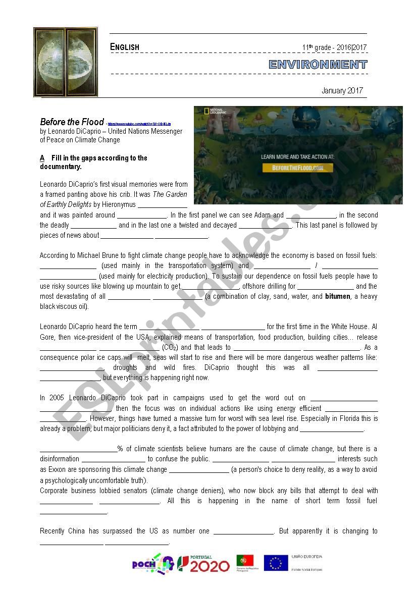 Documentary - Before the Flood - Leonardo DiCaprio - ESL worksheet Intended For Before The Flood Worksheet