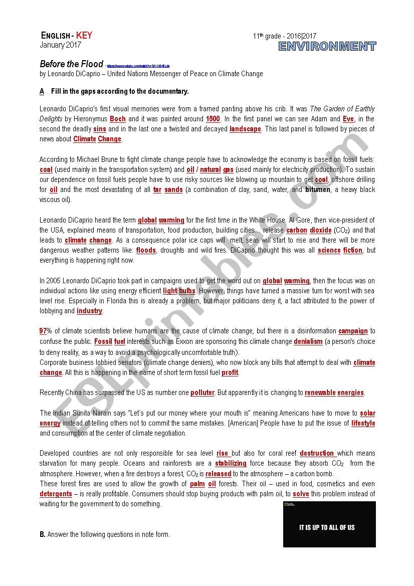 Documentary - Before the Flood - Leonardo DiCaprio - ESL worksheet With Regard To Before The Flood Worksheet