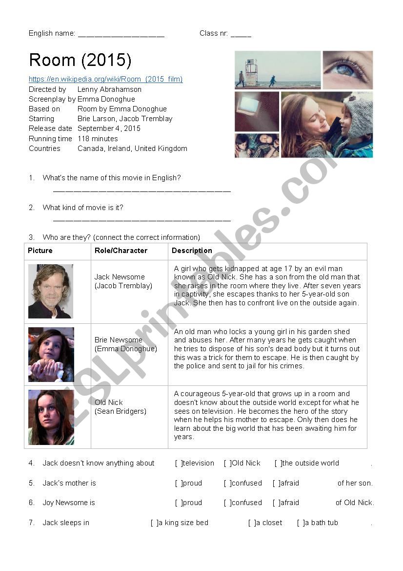 Movie Worksheet - Room (2015) worksheet