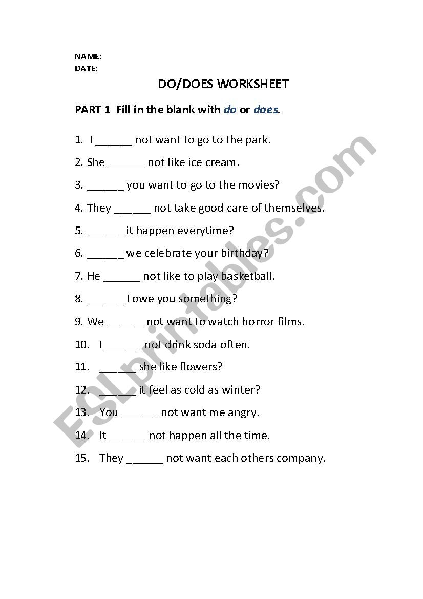 Do or Does Exercise worksheet