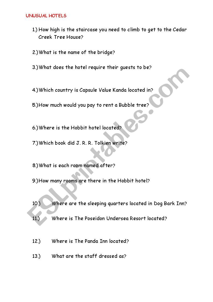 Unusual hotels - listening worksheet