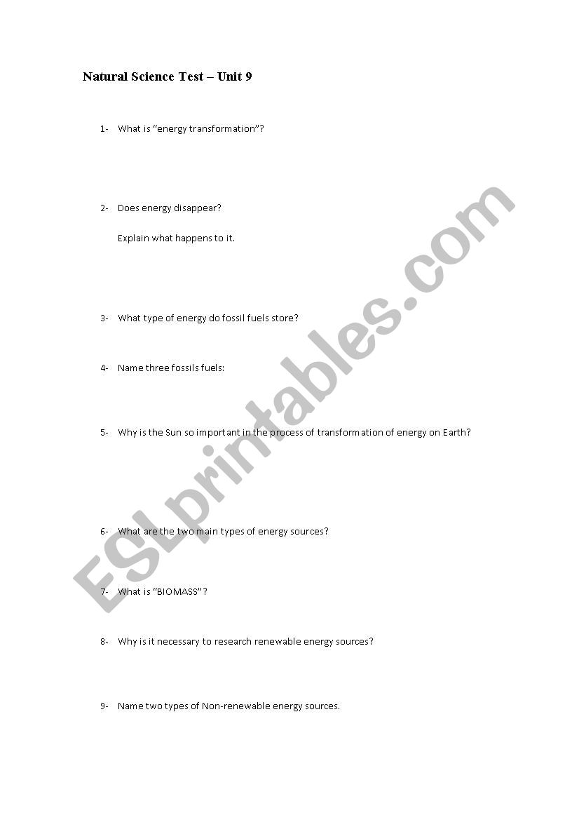 Natural Science Test worksheet
