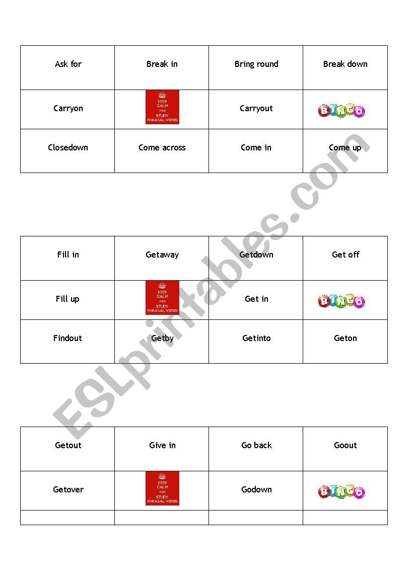 Phrasal Verb Bingo worksheet