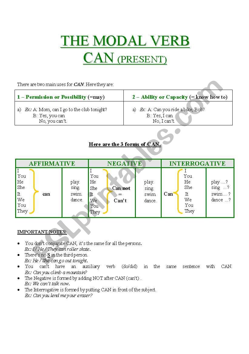 MODAL VERB : CAN  worksheet