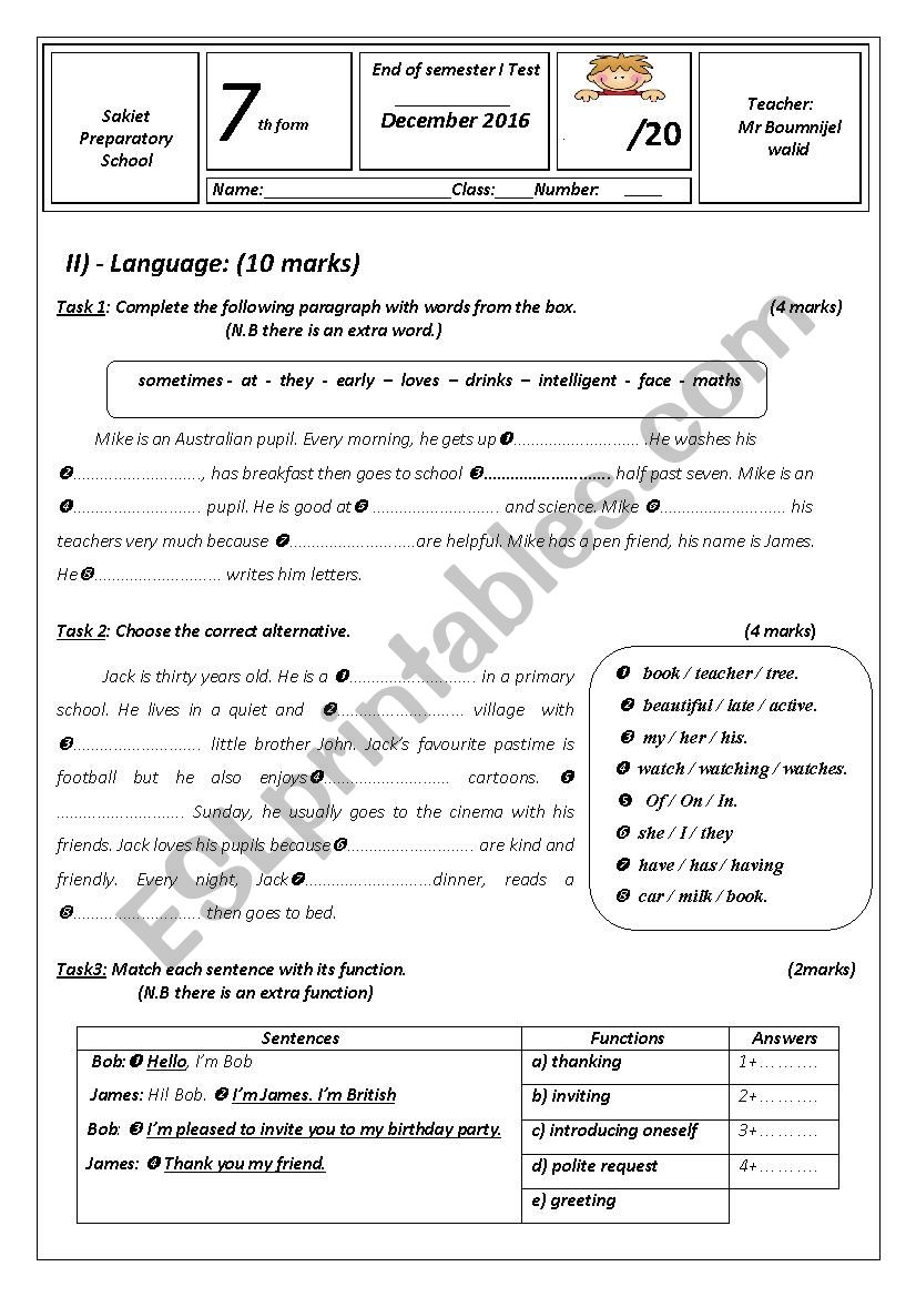 End of semester I test 7th form