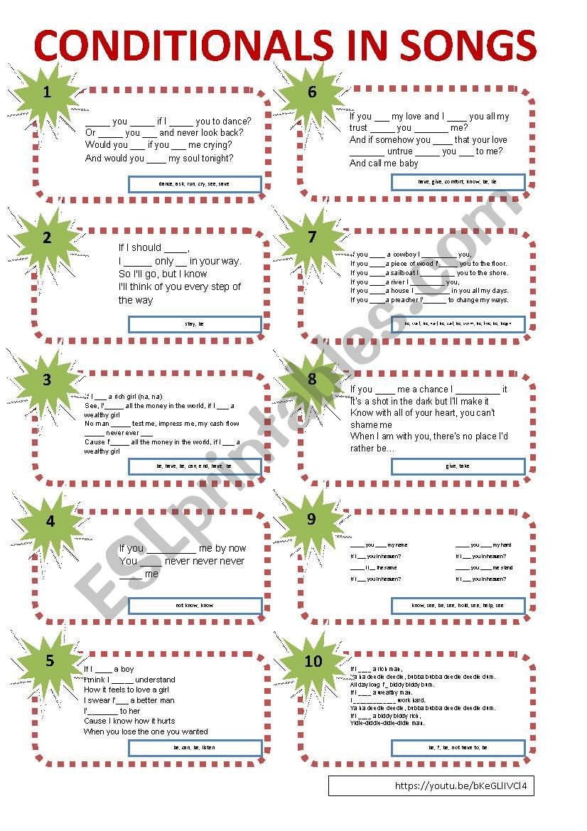 Conditionals in Songs worksheet