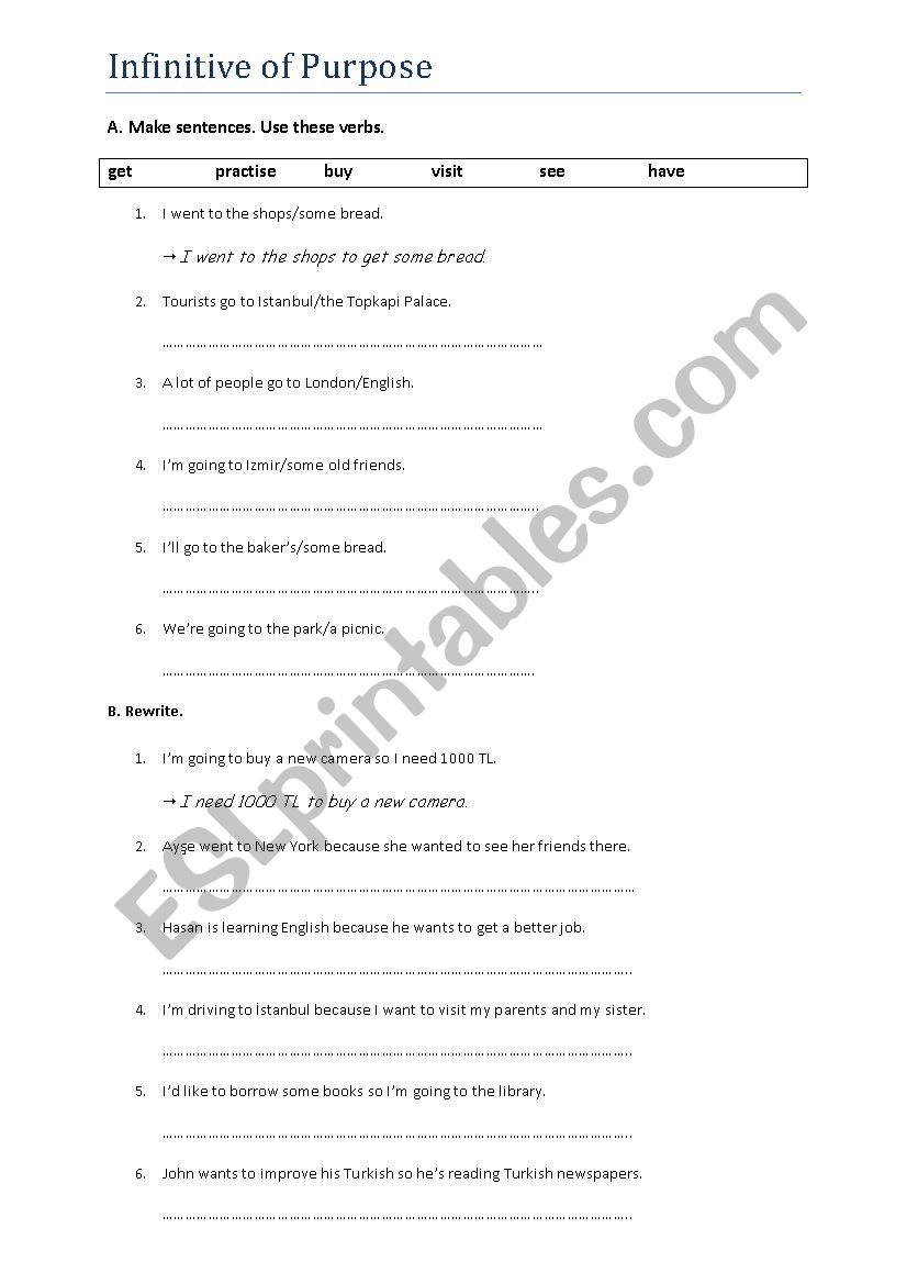 Infinitive of Purpose (Rewrite) A2 Level