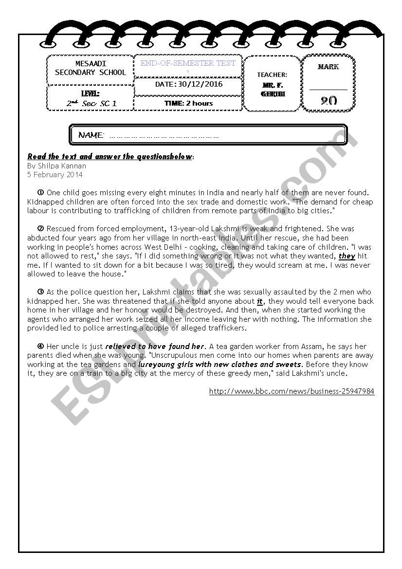 End-of- semester test 1  / 2nd form ( SC)