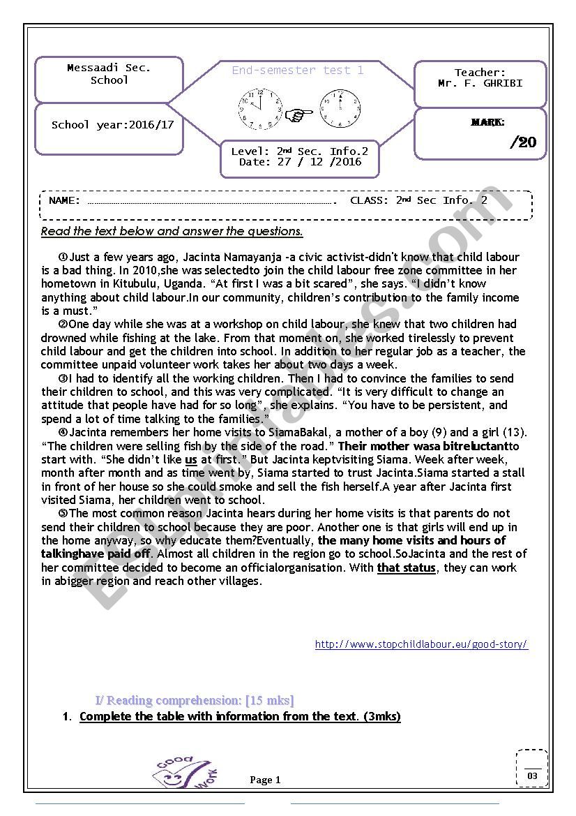 End-of- semester test 1  / 2nd form ( INFO 2)