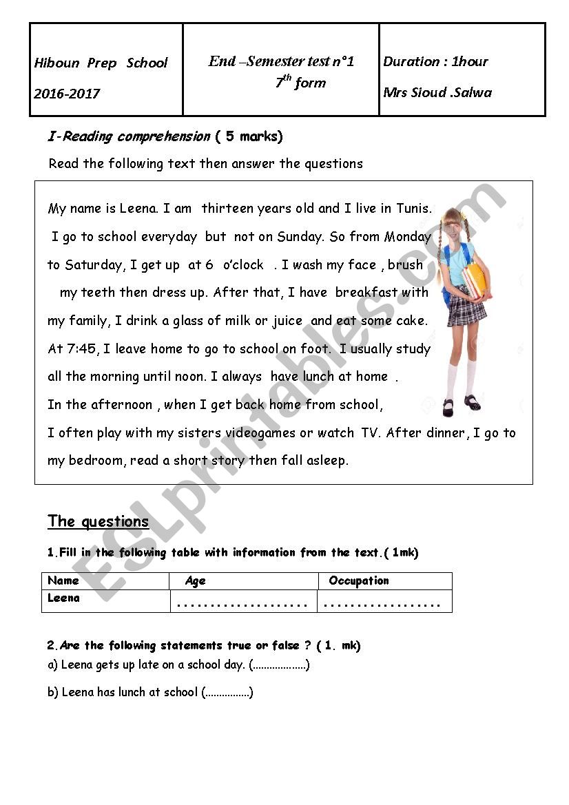   end semester test 1  7th form