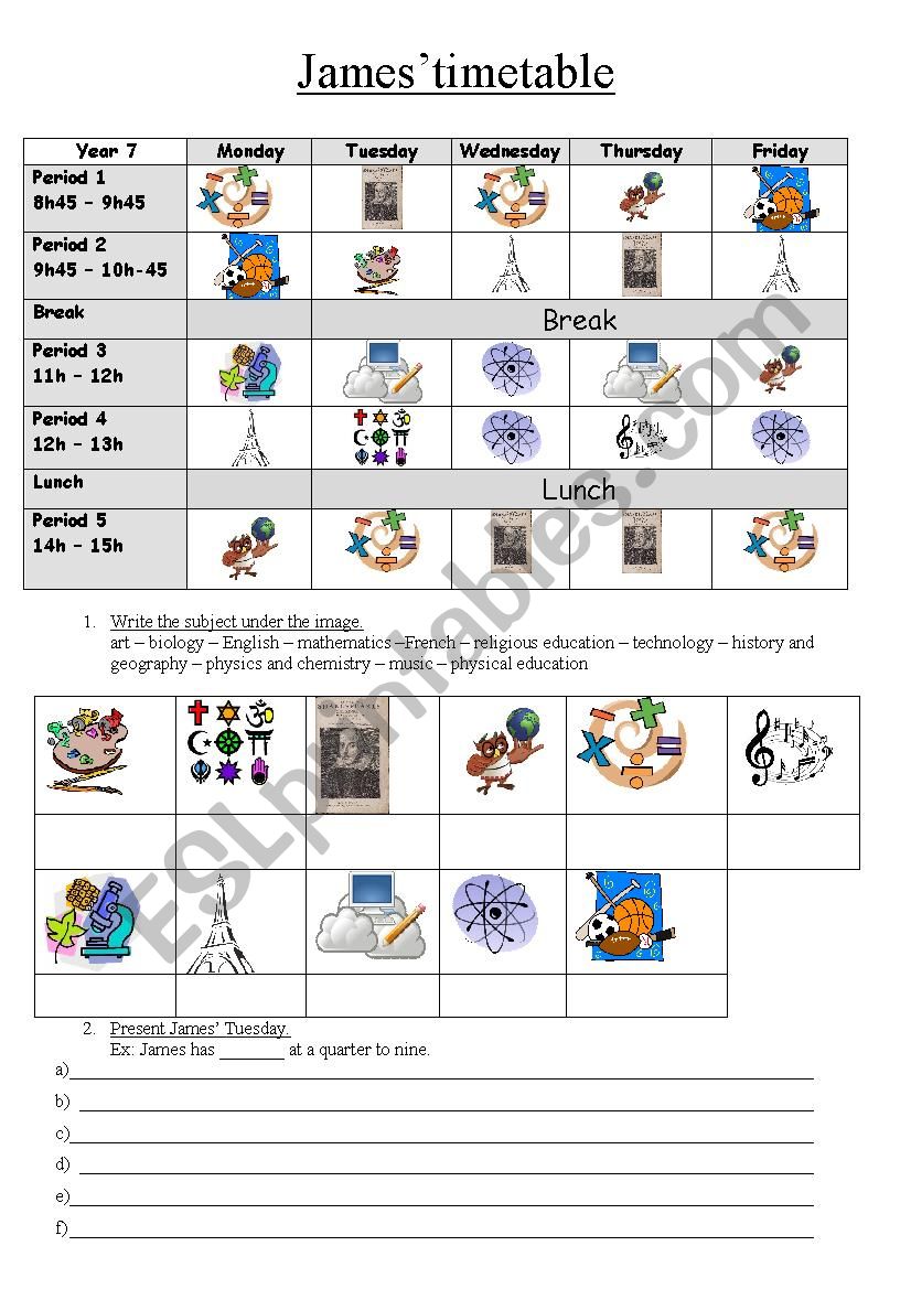 James timetable worksheet