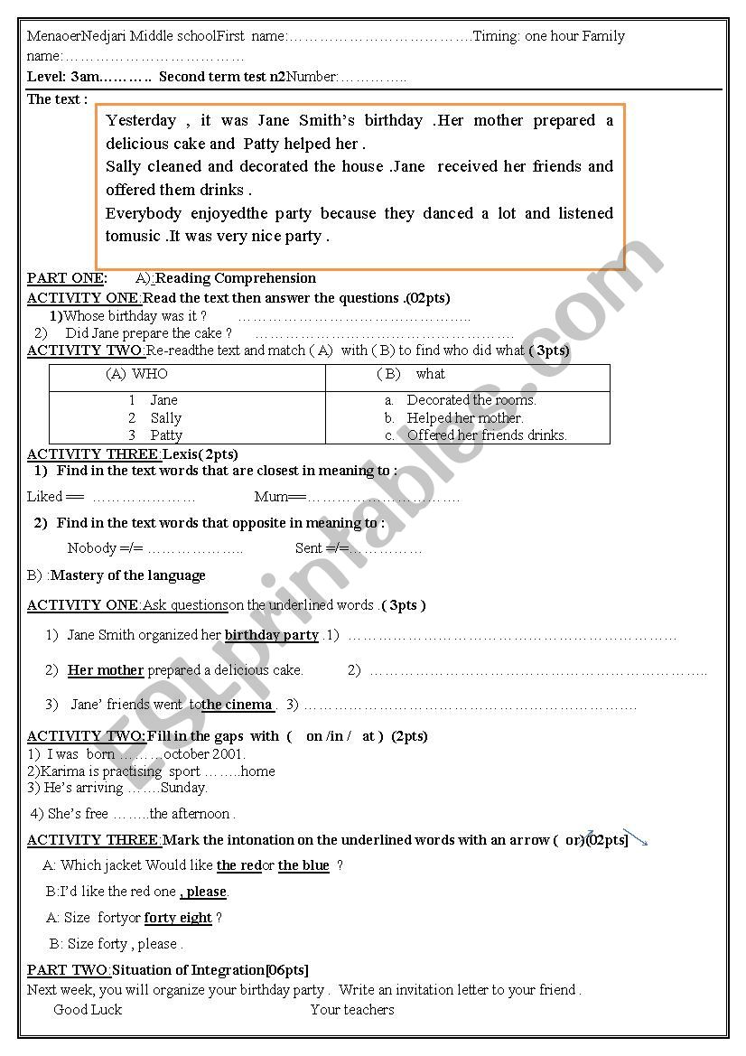  test about birthday party worksheet