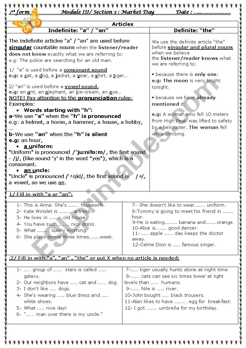 Articles worksheet