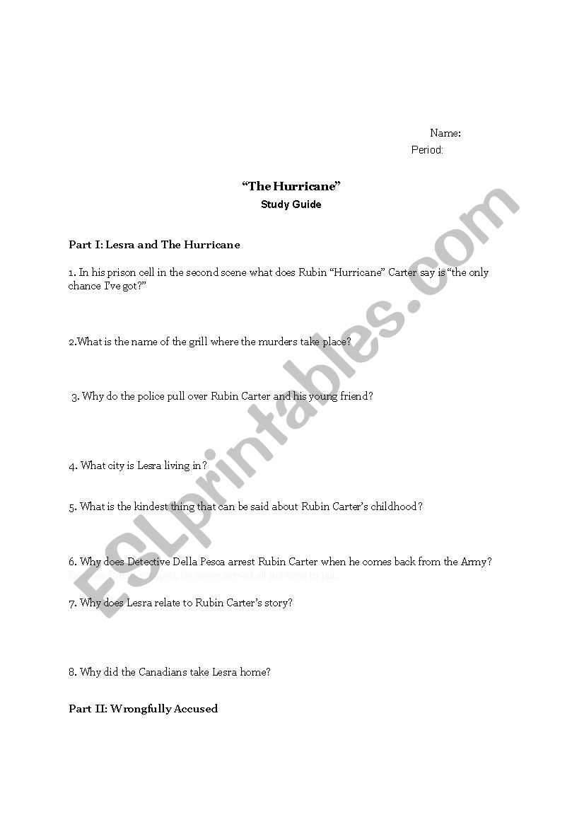 Hurricane Movie Study Guide worksheet