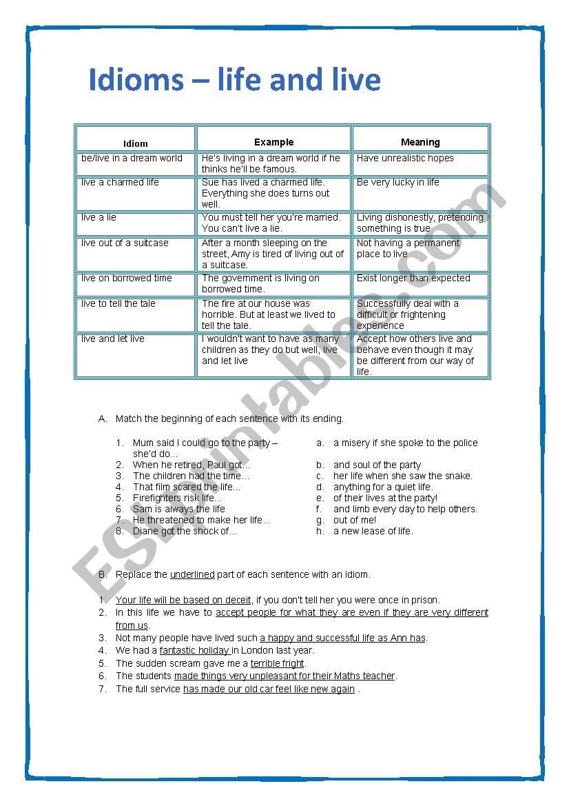 Idioms - life and live worksheet
