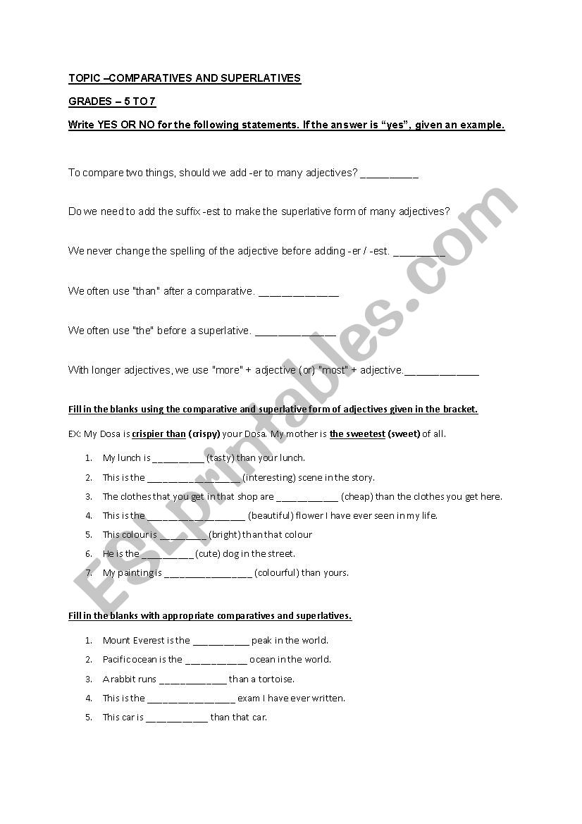 COMPARATIVES AND SUPERLATIVES worksheet