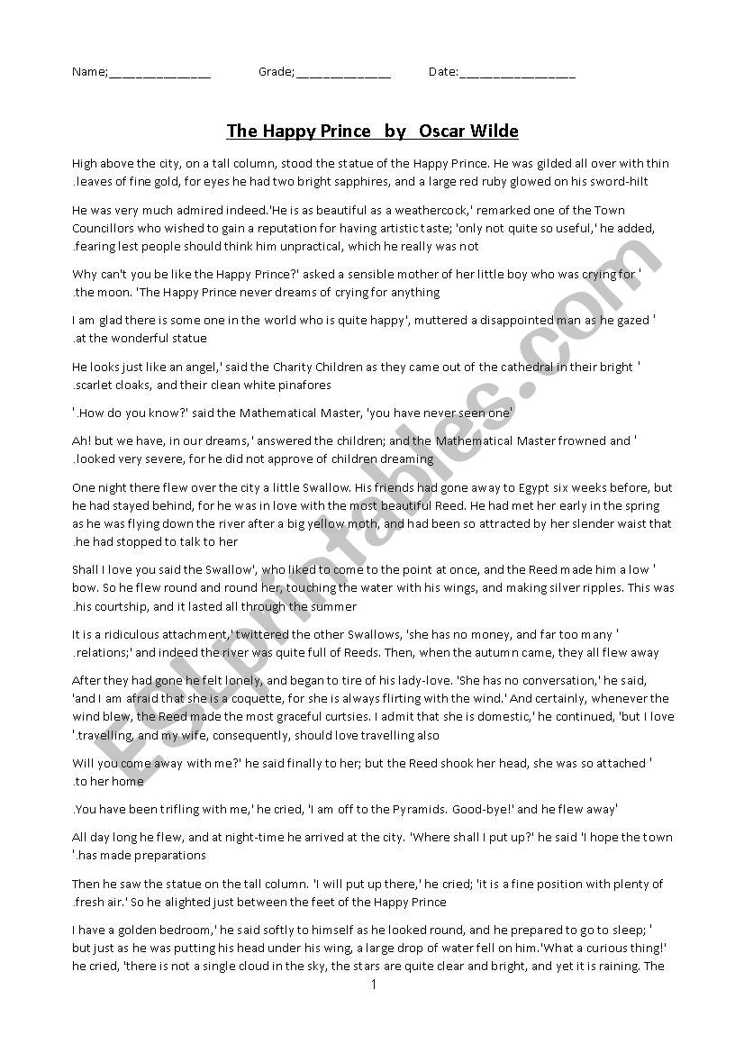 The happy prince worksheet