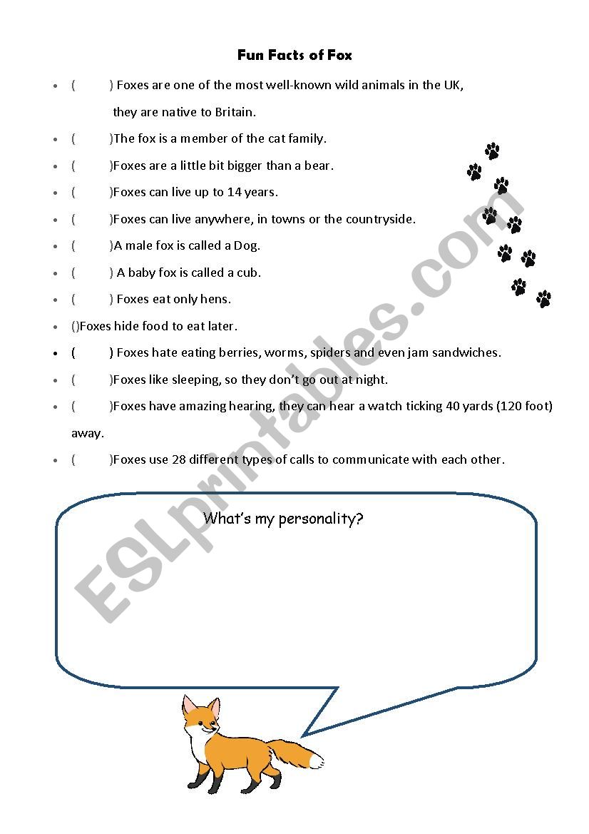 Fun Facts of Fox worksheet