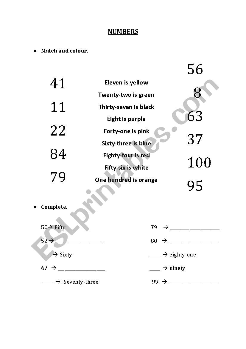 numbers worksheet