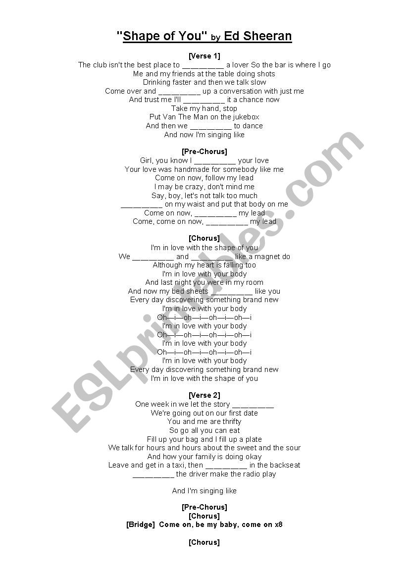 Shape of You, Ed Sheeran worksheet