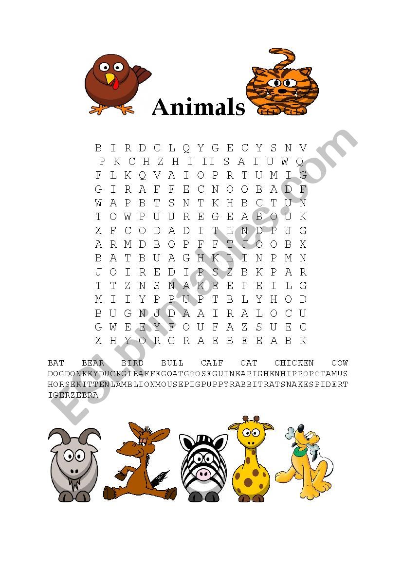 wordsearch animals worksheet