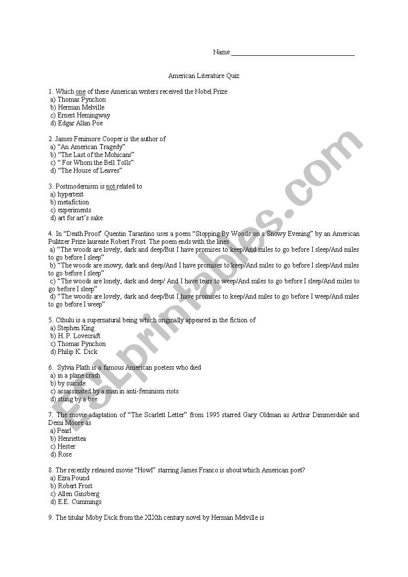 American Literature Quiz worksheet