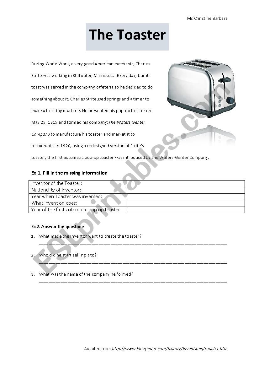 The Toaster worksheet