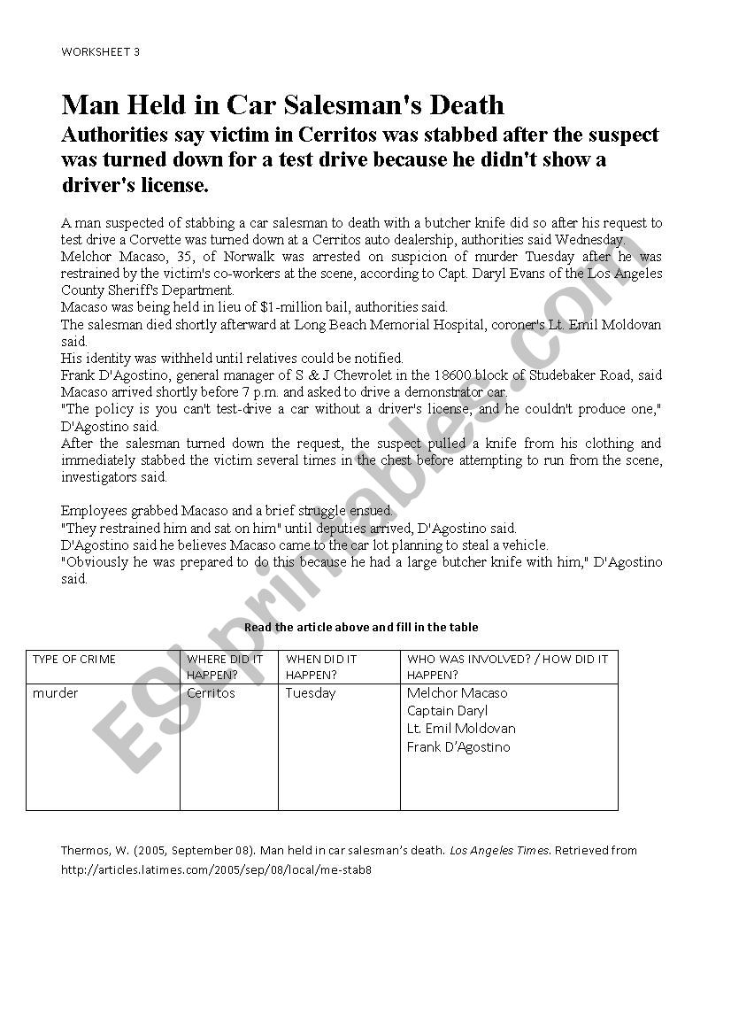 CRIME ARTICLE WORKSHEET worksheet