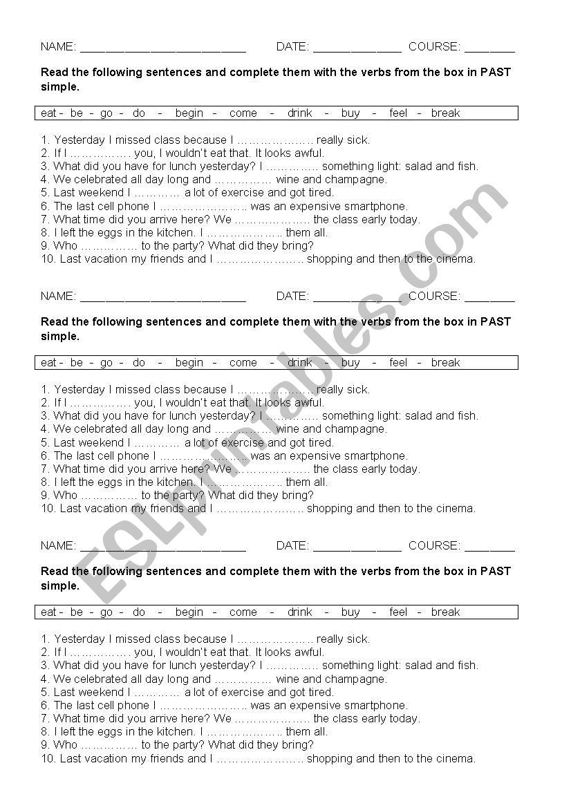 IRREGULAR VERBS SENTENCES worksheet