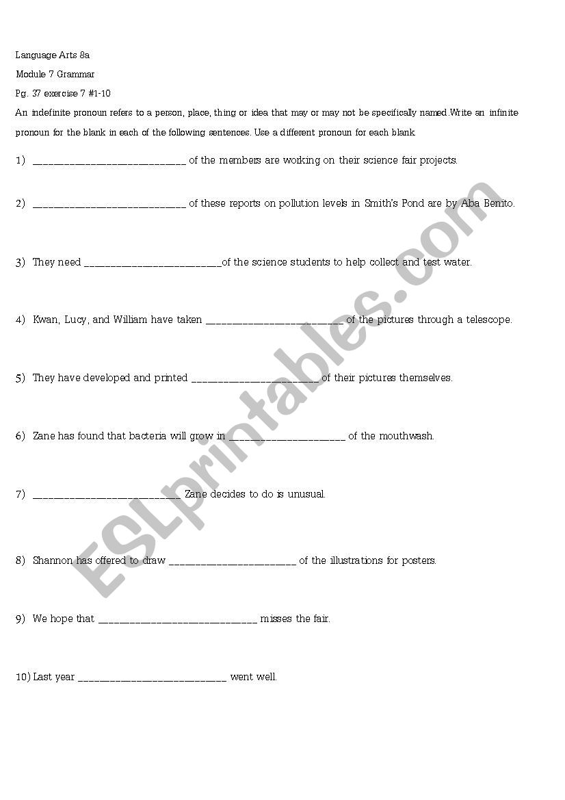 indefinite pronouns worksheet