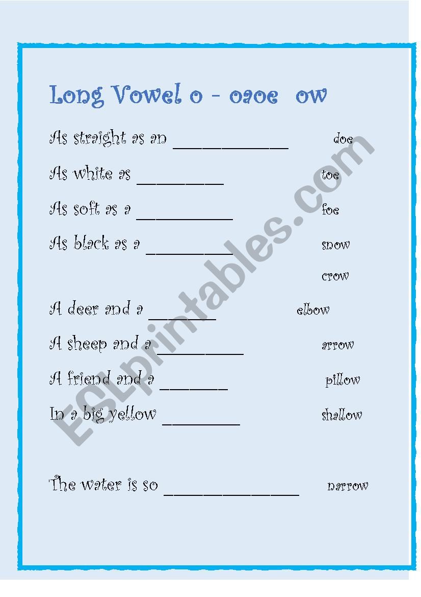 Long Vowel o - oa, oe, ow worksheet