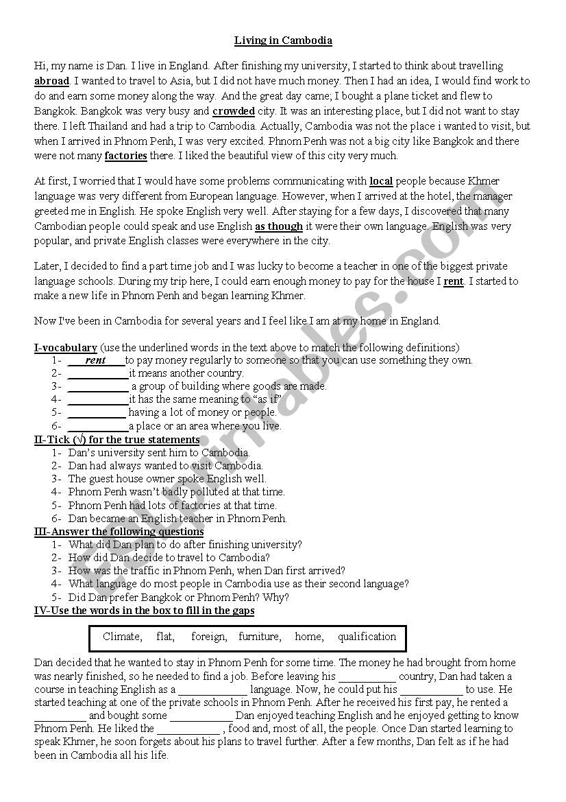 living abroad worksheet