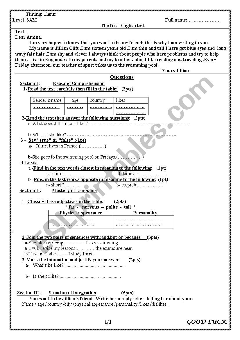 The first English test worksheet
