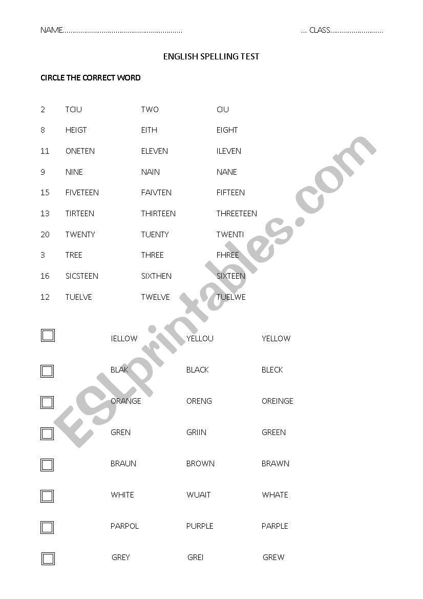 NUMBERS 1-20 and COLOURS SPELLING TEST