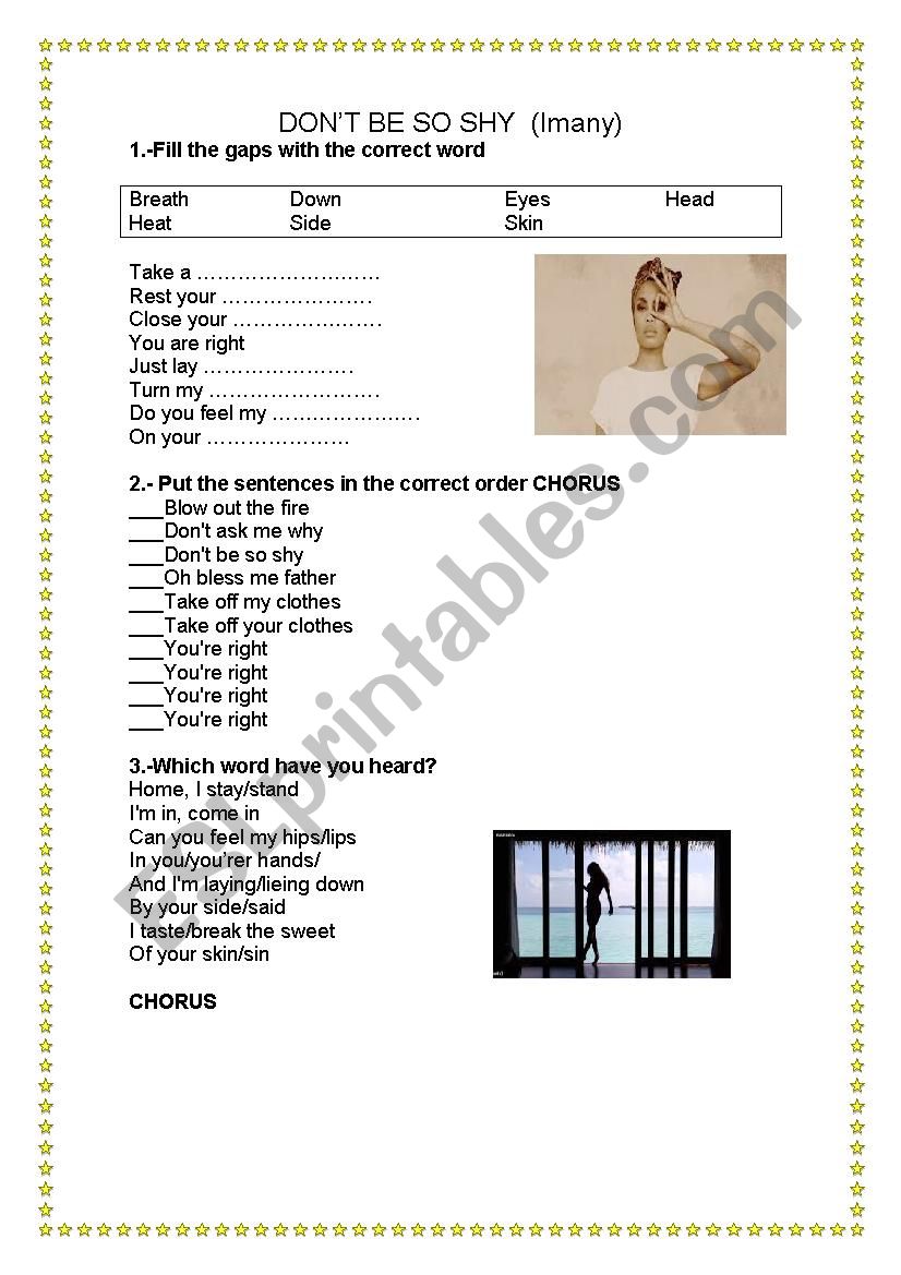 Dont be so shy worksheet