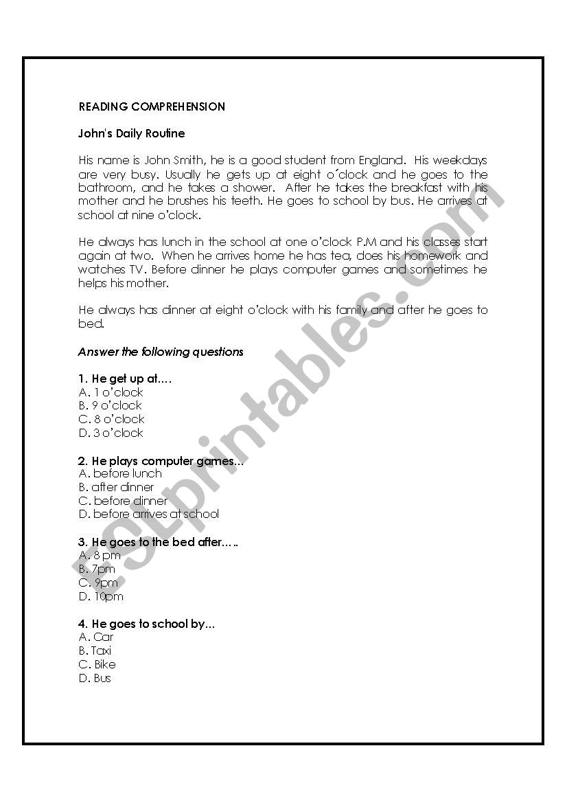 Reading comprehension  worksheet