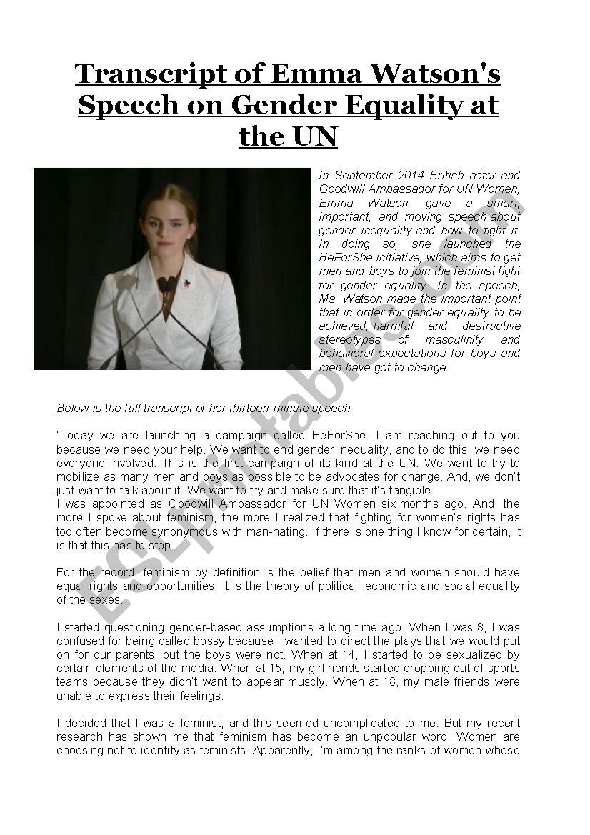 Emma Watsons Speech on Gender Equality at the UN