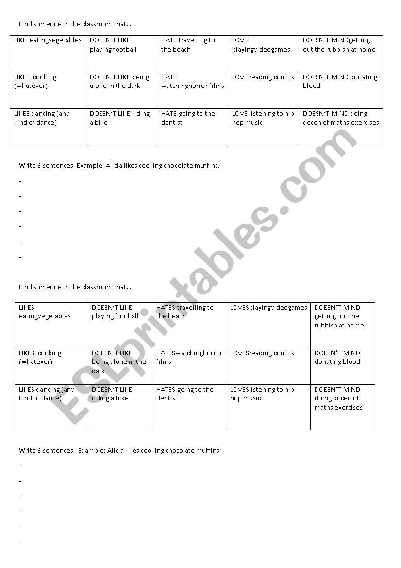 LOVE, HATE, LIKE, DISLIKE worksheet