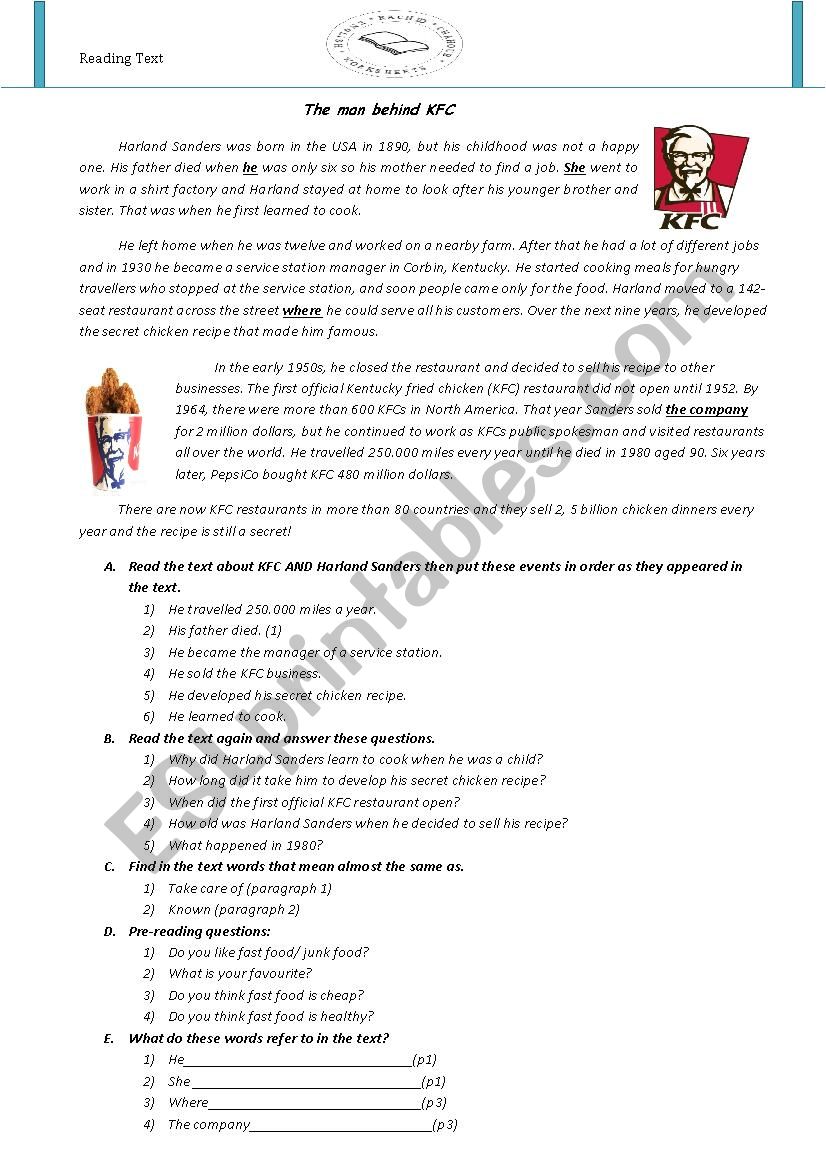 KFC worksheet